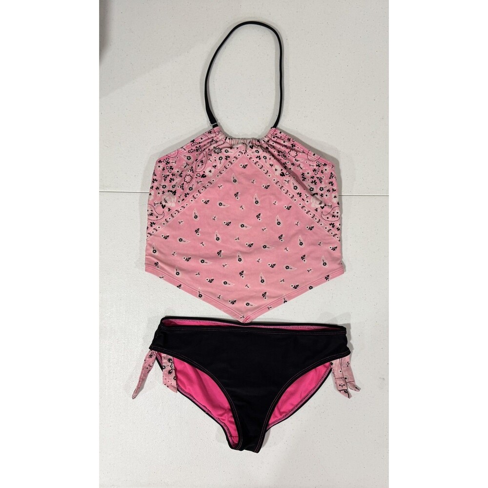 Angel Beach Swimsuit Girls 14 Pink Black Bandana Halter Top Bottoms Set Swimwear